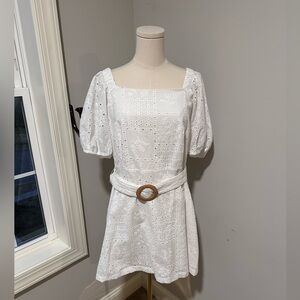 LOFT White Eyelet Square-Neck Mini Dress with Wood Buckle Belt